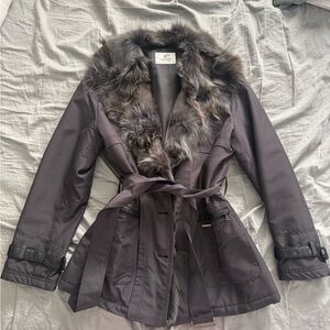Elegant Fur-Trimmed Charcoal Trench Coat